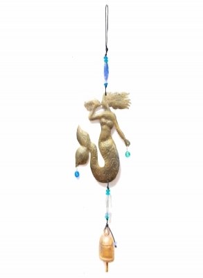 12" Distressed Bronze Metal Blowing on the Conch Shell Mermaid With Glass Beads and a Bell Coastal Wind Chime