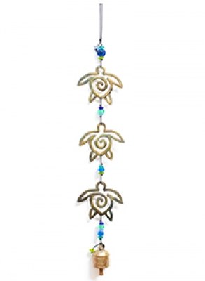 27" Distressed Bronze Metal Three Swirl Sea Turtles With Glass Beads and a Bell Coastal Wind Chime