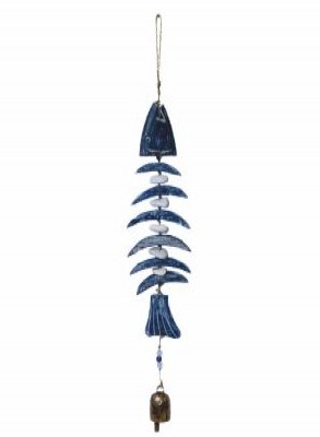 20" Blue and White Wood Bonefish With a Bell Coastal Wind Chime