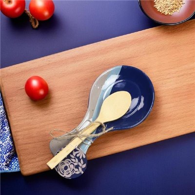 9" Blue and Distressed White Ceramic Spoon Rest With a Spoon