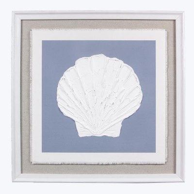 20" Sq White Scallop Shell on a Blue Background in a White Wood Frame