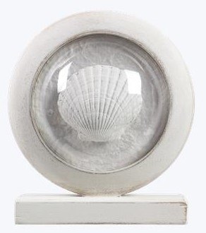 6" Distressed White Round Scallop Shell in a Bubble Frame Statue