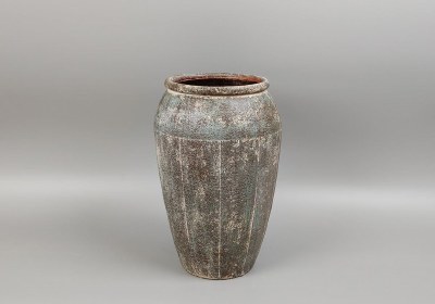 14" Taupe and Verdigris Metal Vase