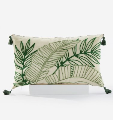 Rectangle Embroidered Green Palm Leaves Decorative Tropical Pillow