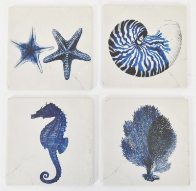 Set of Four Dark Blue Sea Life Ceramic Coasters