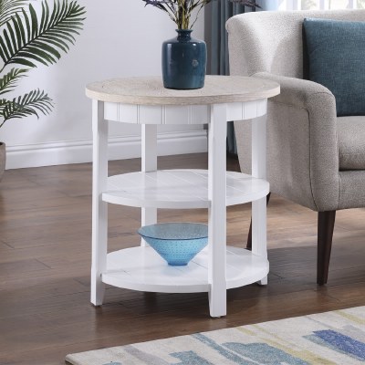 24" Round White Washed Seabiscuit Top and White Two Shelf End Table