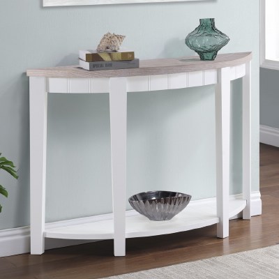 54" White Washed Seabiscuit Top and White Half Round Console Table