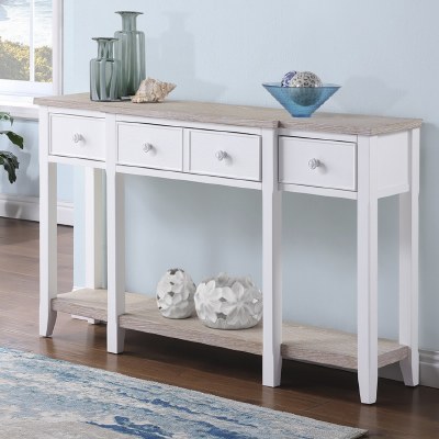 62" White Washed Seabiscuit Top and White Three Drawer and One Shelf Console Table