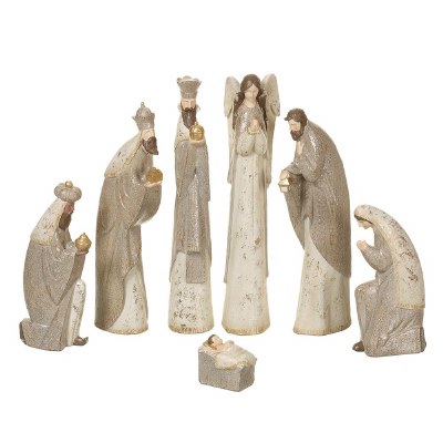 Set of Seven Distressed White and Taupe Nativity Scene Figurines