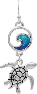 Silver Toned Sea Turtle and Blue Wave Earrings