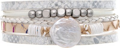 Silver Toned and Whitee Polystone Coin Pearls Magnetic Bracelet