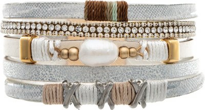 Silver and Gold Toned Polystone Freshwater Pearls Strappy Magnetic Bracelet