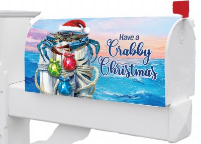 "Have A Crabby Christmas" Crab Holding Ornaments Coastal Christmas Mailbox Cover