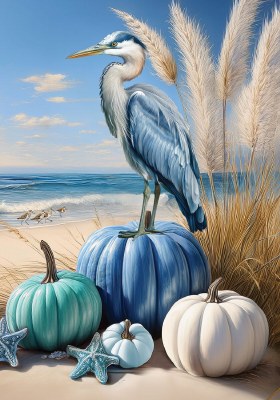 40" x 28" Blue Herons With Pumpkins on the Beach Large Coastal Fall & Thanksgiving Flag