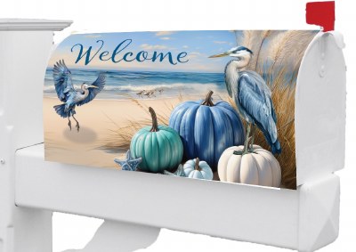 "Welcome" Blue Herons With Pumpkins on the Beach Coastal Fall & Thanksgiving Mailbox Cover