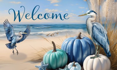 18" x 30" "Welcome" Blue Herons With Pumpkins on the Beach Coastal Fall & Thanksgiving Doormat