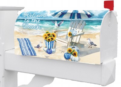 "Welcome to the Beach" Sunflowers on the Beach Coastal Fall & Thanksgiving Mailbox Cover