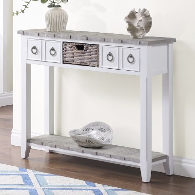 44" Boardwalk and White Two Drawer and One Basket Console Table