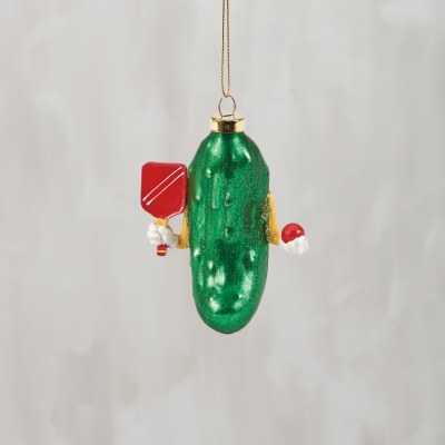 4" Glass Pickle Playing Pickleball Ornament