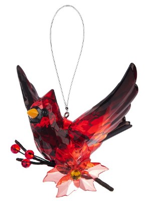 5" Red Cardinal Holding a Poinsettia Acrylic Christmas Ornament