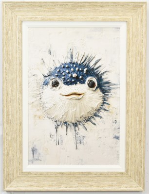 32" x 24" Puff! Pufferfish Coastal Gel Textured Print in a Distressed Sand Frame