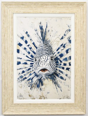 32" x 24" Huff! Lionfish Coastal Gel Textured Print in a Distressed Sand Frame