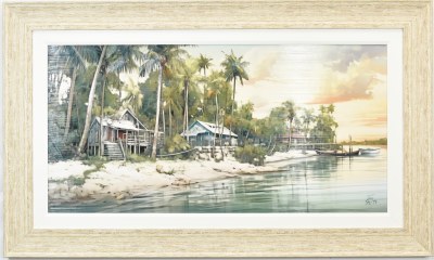 30" x 50" Sunset Haven Coastal Gel Textured Print in a Distressed Sand Frame