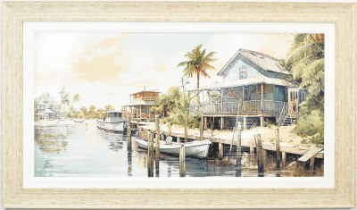 34" x 58" Dockside Tails 2 Coastal Gel Textured Print in a Distressed Sand Frame