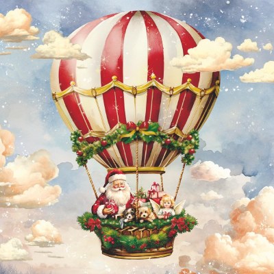 5" Square Santas in a Hot Air Balloon Christmas Beverage Napkins