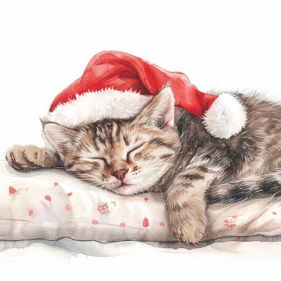 5" Square Christmas Cat Taking a Nap Beverage Napkins