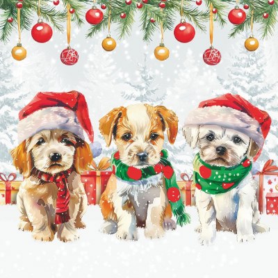 5" Square Three Christmas Puppies Beverage Napkins