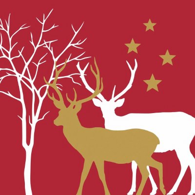 5" Square Red, White, and Gold Christmas Reindeer Beverage Napkins