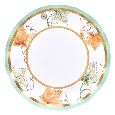 Pack of Eight 11" Round Green and Orange Leaves Bright & Thankful Fall & Thanksgiving Paper Plates
