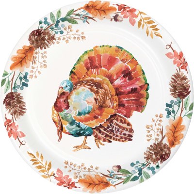 Pack of Eight 7" Round Teal Turkey Fall & Thanksgiving Paper Plates