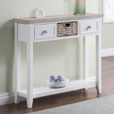44" White and White Washed Seabiscuit Top Two Drawer, One Basket, and One Shelf Console Table