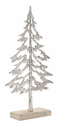 13" Silver Aluminum Flat Christmas Tree on a Wood Base