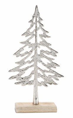 11" Silver Aluminum Flat Christmas Tree on a Wood Base