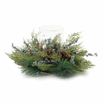 19" Round Faux Mixed Pine and a Glass Hurricane Centerpiece