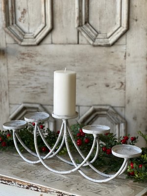 24" Distressed White Five Metal Pillar Candle Holder