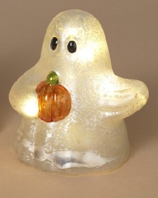 5" LED Glass Ghost Holding a Pumpkin in It's Right Hand