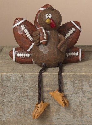 5" Brown Polyresin Turkey Holding a Football With One Wing Shelf Sitter