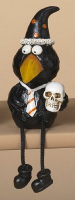 8" Polyresin Crow Holding a Skull Shelf Sitter