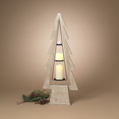36" White Washed Christmas Tree Three Tier Candle Holder