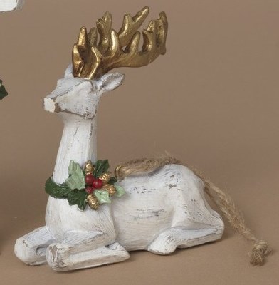 5" Distressed White and Gold Laying Down Reindeer Ornament