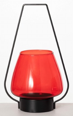 14" Black Metal Lantern With a Red Glass Candle Holder
