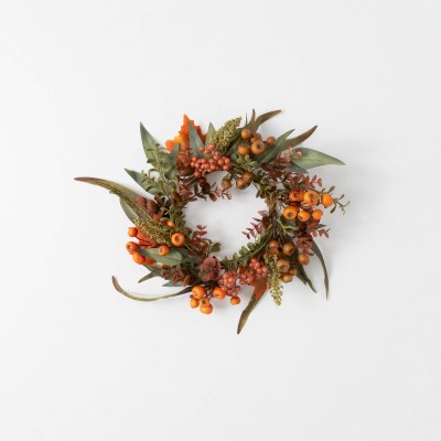 6.5" Opening Faux Dark Orange and Green Berries and Leaves Candle Ring