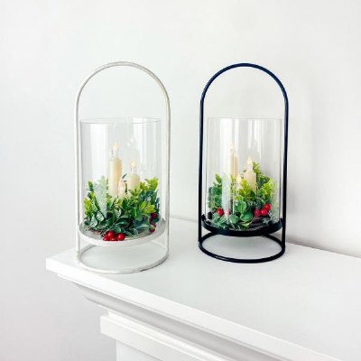 12" Black LED Three Taper Candles With a Faux Berry Wreath Glass Hurricane Lantern