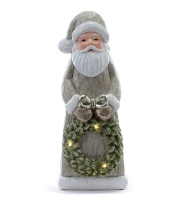 20" LED Gray Polyresin Santa Holding a Wreath Figurine