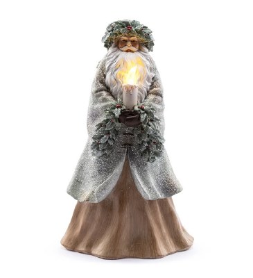 12" LED Beige and Green Polyresin Santa Holding a Candle