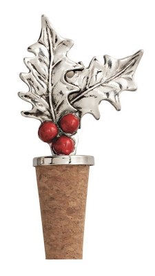 3" Distressed Silver Holly Branch Bottle Stopper by Mud Pie